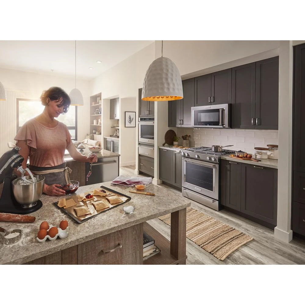 KitchenAid 30-Inch 5 Burner Gas Convection Slide-In Range with Baking Drawer - Stainless Steel (KSGB900ESS)