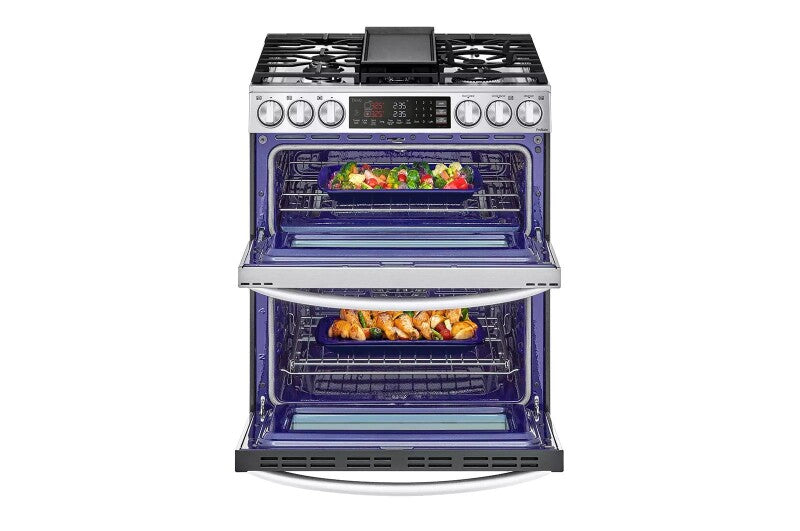 LG 6.9 Cu. Ft. Smart Gas Double Oven Slide-in Range With Instaview®, Probake® Convection, Air Fry, And Air Sous Vide - Print Proof Stainless Steel (LTGL6937F)