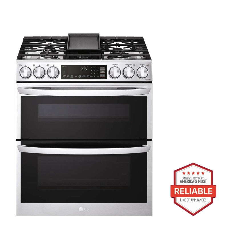 LG 6.9 Cu. Ft. Smart Gas Double Oven Slide-in Range With Instaview®, Probake® Convection, Air Fry, And Air Sous Vide - Print Proof Stainless Steel (LTGL6937F)