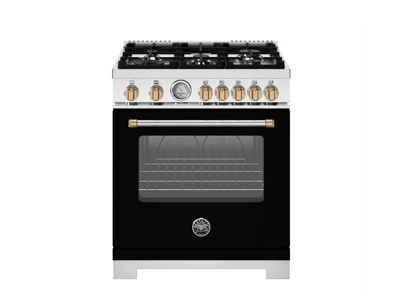 BERTAZZONI 30 inch All Gas Range, 5 Burners - Gold Accents - Nero Matt (MAS305GASNG)