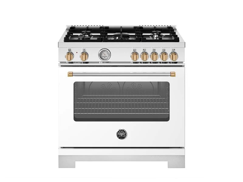 BERTAZZONI 36 inch Dual Fuel Range, 5 Burner, Electric Oven - Gold Accents - Bianco Matt (MAS365DFMBG)