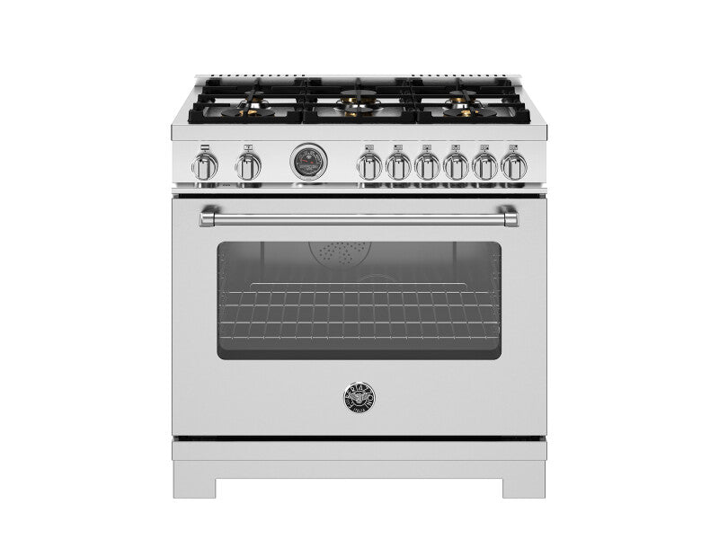 BERTAZZONI 36 inch Dual Fuel Range, 6 Brass Burners and Cast Iron Griddle, Electric Self-Clean Oven - Stainless Steel (MAS366BCFEPXT)