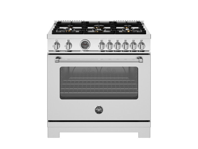 BERTAZZONI 48 inch Dual Fuel Range, 6 Brass Burners and Griddle, Electric Self-Clean Oven - Stainless Steel (MAS366BCFGMXT)
