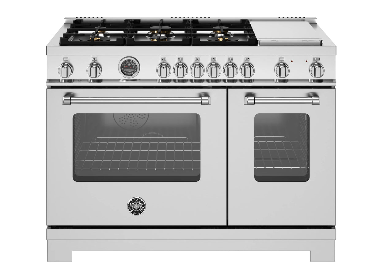 BERTAZZONI 48 inch Dual Fuel Range, 6 Brass Burners and Griddle, Electric Self-Clean Oven - Stainless Steel (MAS486BTFEPXT)