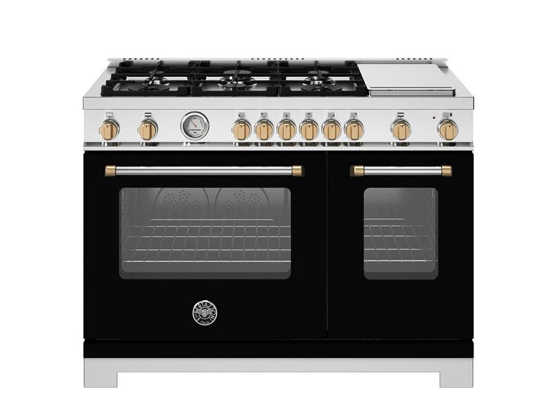 BERTAZZONI 48 inch All Gas Range, 6 Burner and Griddle - Gold Accents - Nero Matt (MAS486GGASNG)