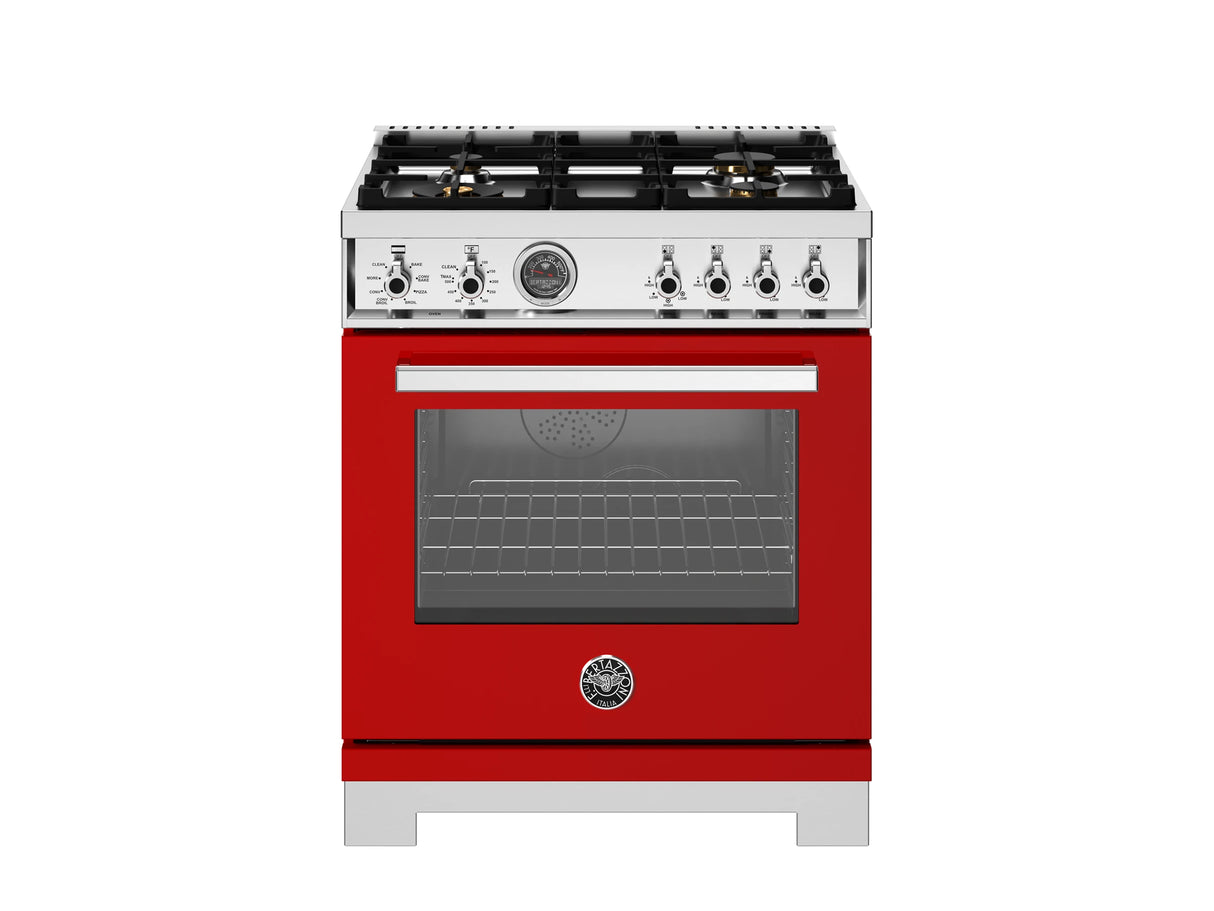 BERTAZZONI 30 inch Dual Fuel Range, 4 Brass Burners, Electric Self-Clean Oven - Rosso (PRO304BFEPROT)
