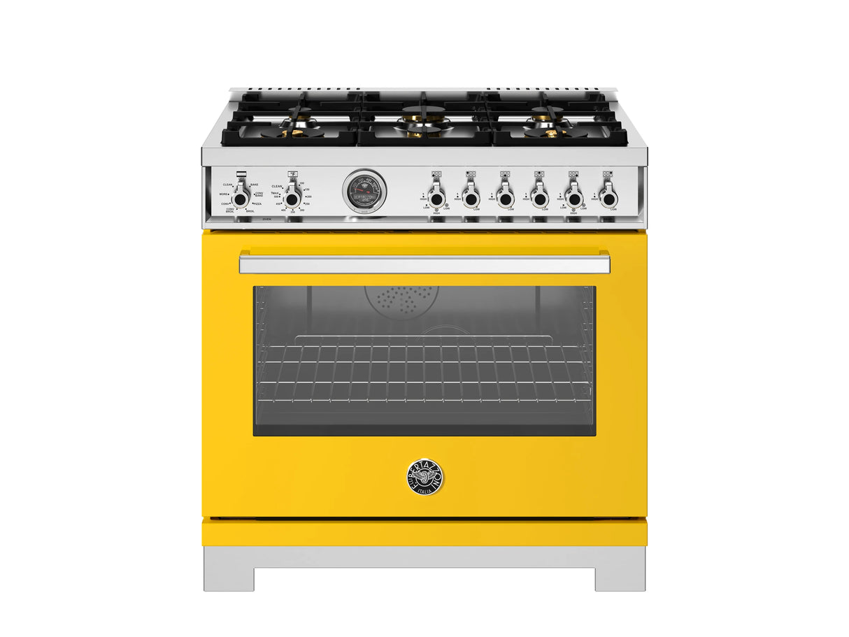 BERTAZZONI 36 inch Dual Fuel Range, 6 Brass Burners and Cast Iron Griddle, Electric Self-Clean Oven - Giallo (PRO366BCFEPGIT)