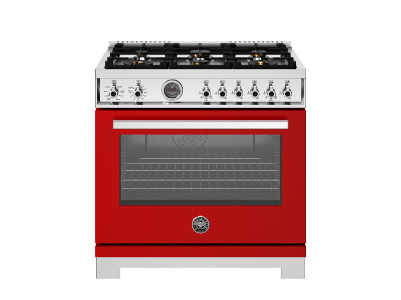BERTAZZONI 36 inch Dual Fuel Range, 6 Brass Burners and Cast Iron Griddle, Electric Self-Clean Oven - Rosso (PRO366BCFEPROT)