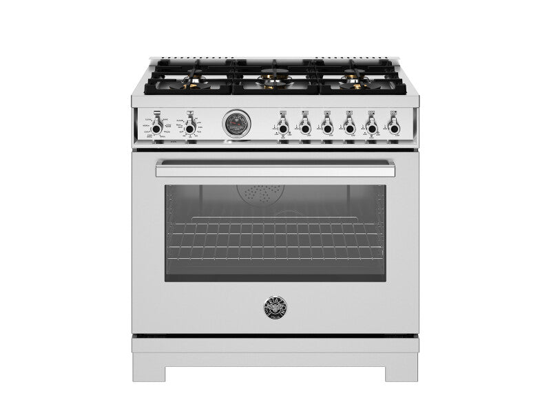 BERTAZZONI 36 inch Dual Fuel Range, 6 Brass Burners and Cast Iron Griddle, Electric Self-Clean Oven - Stainless Steel (PRO366BCFEPXT)