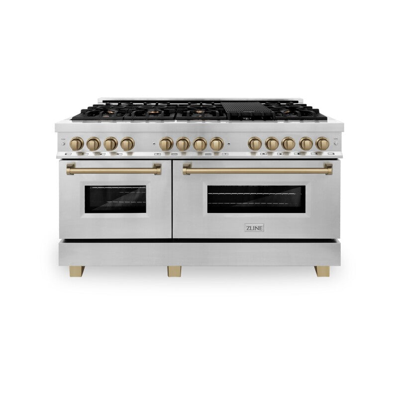 ZLINE Autograph Edition 60" 7.4 cu. ft. Dual Fuel Range with Gas Stove and Electric Oven with Champagne Bronze Accents - Stainless Steel (RAZ60CB)