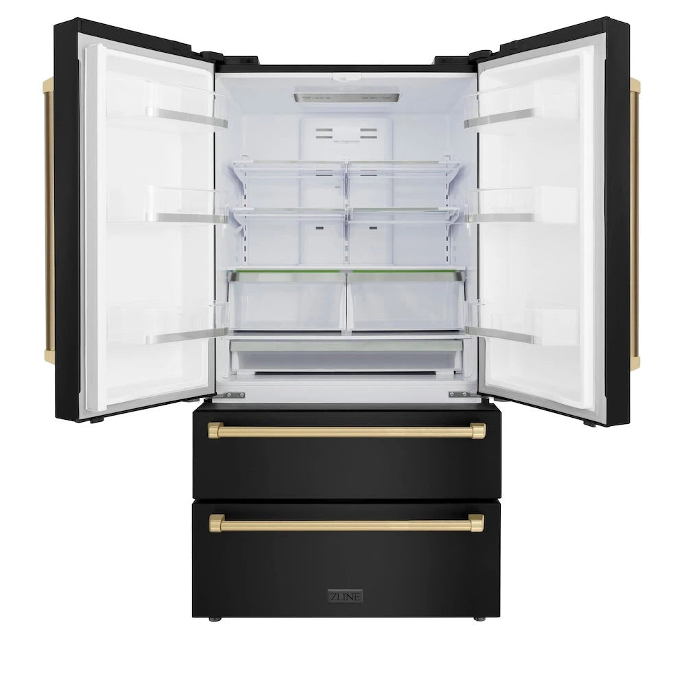 ZLINE Autograph Edition 36 In. 22.5 Cu. Ft. Counter-depth French Door Refrigerator With Ice Maker In Fingerprint-resistant Black Stainless Steel And Champagne Bronze Traditional Handles - Champagne Bronze (RFMZ36BSCB)