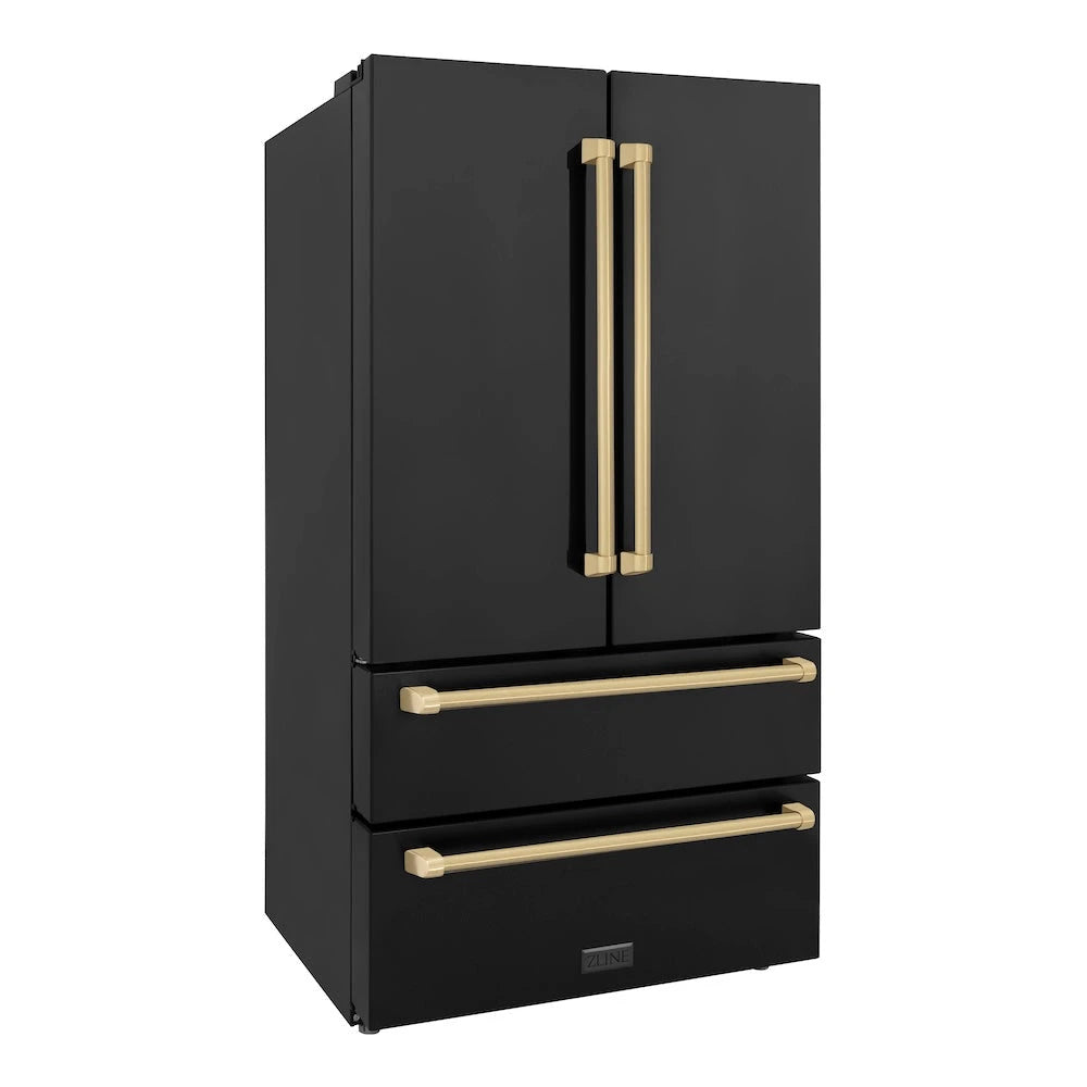 ZLINE Autograph Edition 36 In. 22.5 Cu. Ft. Counter-depth French Door Refrigerator With Ice Maker In Fingerprint-resistant Black Stainless Steel And Champagne Bronze Traditional Handles - Champagne Bronze (RFMZ36BSCB)