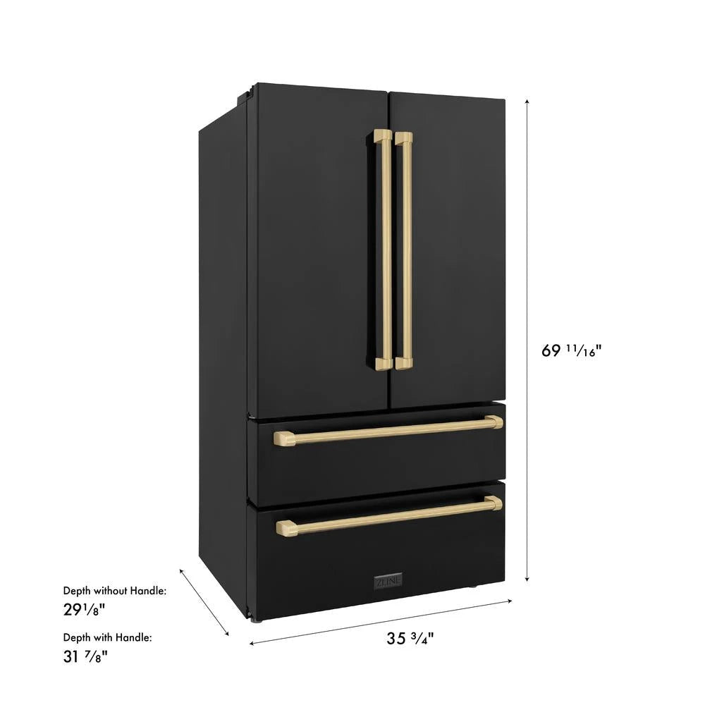ZLINE Autograph Edition 36 In. 22.5 Cu. Ft. Counter-depth French Door Refrigerator With Ice Maker In Fingerprint-resistant Black Stainless Steel And Champagne Bronze Traditional Handles - Champagne Bronze (RFMZ36BSCB)