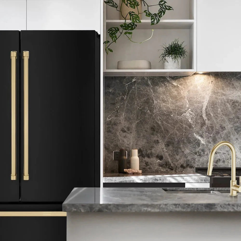 ZLINE Autograph Edition 36 In. 22.5 Cu. Ft. Counter-depth French Door Refrigerator With Ice Maker In Fingerprint-resistant Black Stainless Steel And Champagne Bronze Traditional Handles - Champagne Bronze (RFMZ36BSCB)