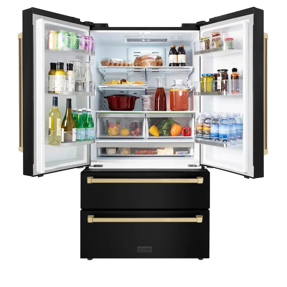 ZLINE Autograph Edition 36 In. 22.5 Cu. Ft. Counter-depth French Door Refrigerator With Ice Maker In Fingerprint-resistant Black Stainless Steel And Champagne Bronze Traditional Handles - Champagne Bronze (RFMZ36BSCB)