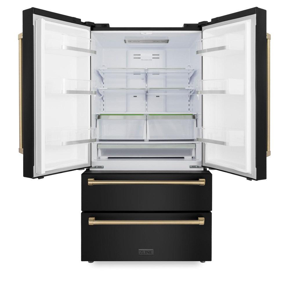ZLINE Autograph Edition 36 In. 22.5 Cu. Ft. Counter-depth French Door Refrigerator With Ice Maker In Fingerprint-resistant Black Stainless Steel And Champagne Bronze Traditional Handles - Champagne Bronze (RFMZ36BSCB)