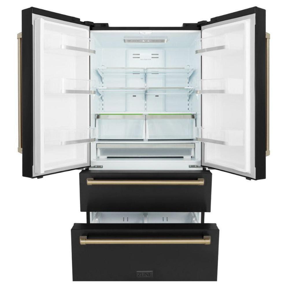 ZLINE Autograph Edition 36 In. 22.5 Cu. Ft. Counter-depth French Door Refrigerator With Ice Maker In Fingerprint-resistant Black Stainless Steel And Champagne Bronze Traditional Handles - Champagne Bronze (RFMZ36BSCB)