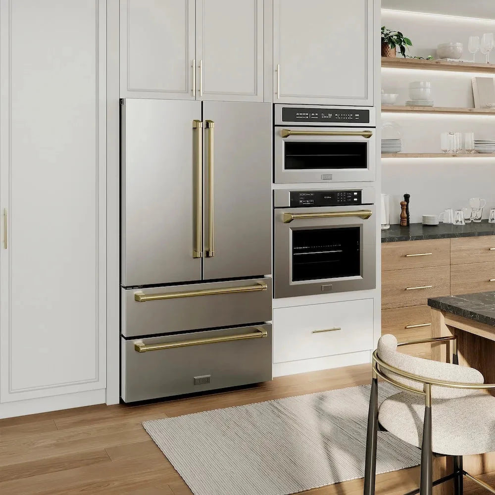 ZLINE Autograph Edition 36 In. 22.5 Cu. Ft. Counter-depth French Door Refrigerator With Ice Maker In Fingerprint-resistant Stainless Steel With Champagne Bronze Traditional Handles - Champagne Bronze (RFMZ36CB)