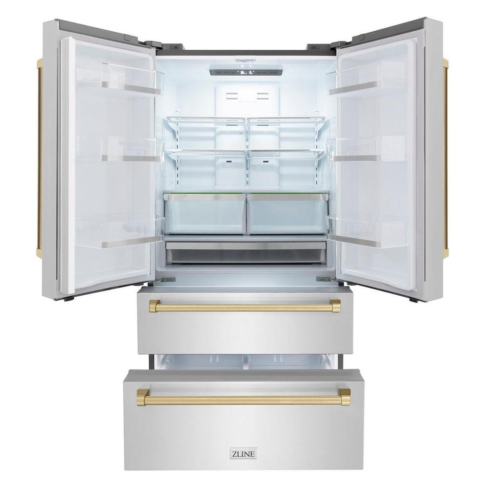 ZLINE Autograph Edition 36 In. 22.5 Cu. Ft. Counter-depth French Door Refrigerator With Ice Maker In Fingerprint-resistant Stainless Steel With Champagne Bronze Traditional Handles - Champagne Bronze (RFMZ36CB)
