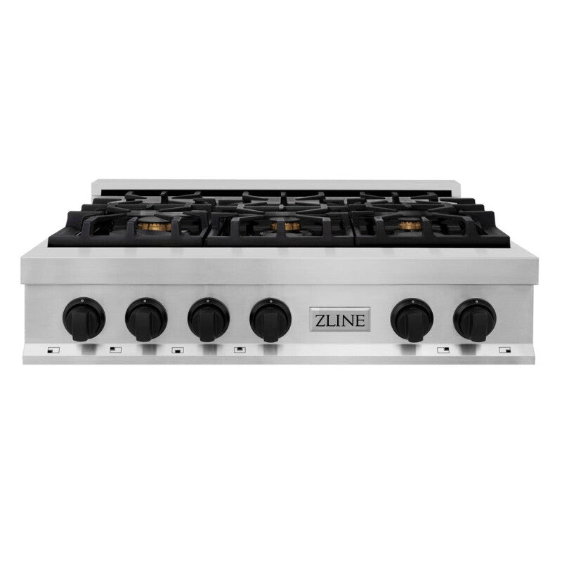 ZLINE Autograph Edition 36" Porcelain Rangetop with 6 Gas Burners and Matte Black Accents - Stainless Steel (RTZ36MB)