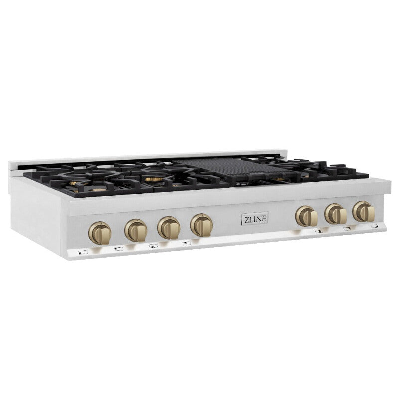ZLINE Autograph Edition 48" Porcelain Rangetop with 7 Gas Burners and Champagne Bronze Accents - Stainless Steel (RTZ48CB)