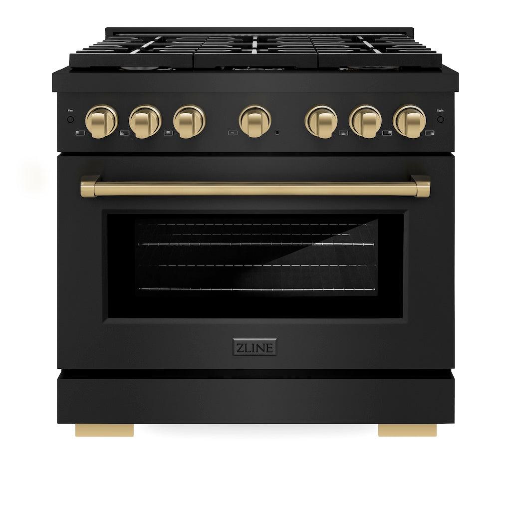 ZLINE AutographEdition 36 in. 5.2 cu. ft. 6 Burner Gas Range with Convection Gas Oven in Black Stainless Steel and Champagne Bronze Accents - Black Stainless Steel (SGRBZ36CB)