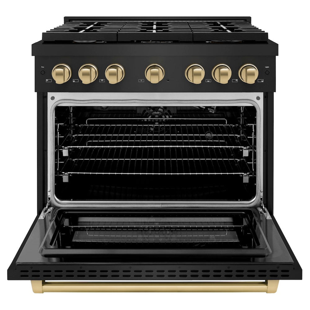 ZLINE AutographEdition 36 in. 5.2 cu. ft. 6 Burner Gas Range with Convection Gas Oven in Black Stainless Steel and Champagne Bronze Accents - Black Stainless Steel (SGRBZ36CB)