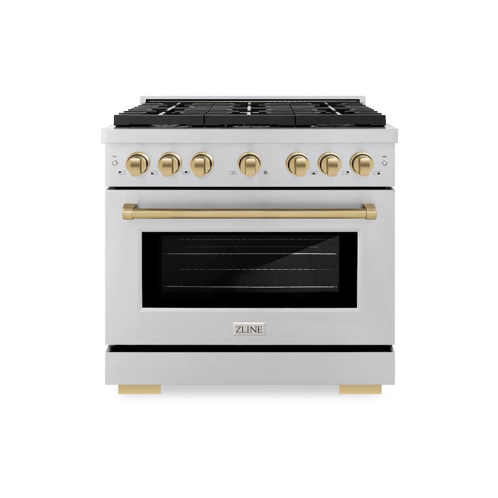 ZLINE AutographEdition 36 in. 5.2 cu. ft. 6 Burner Gas Range with Convection Gas Oven in Stainless Steel and Champagne Bronze Accents - Stainless Steel (SGRZ36CB)