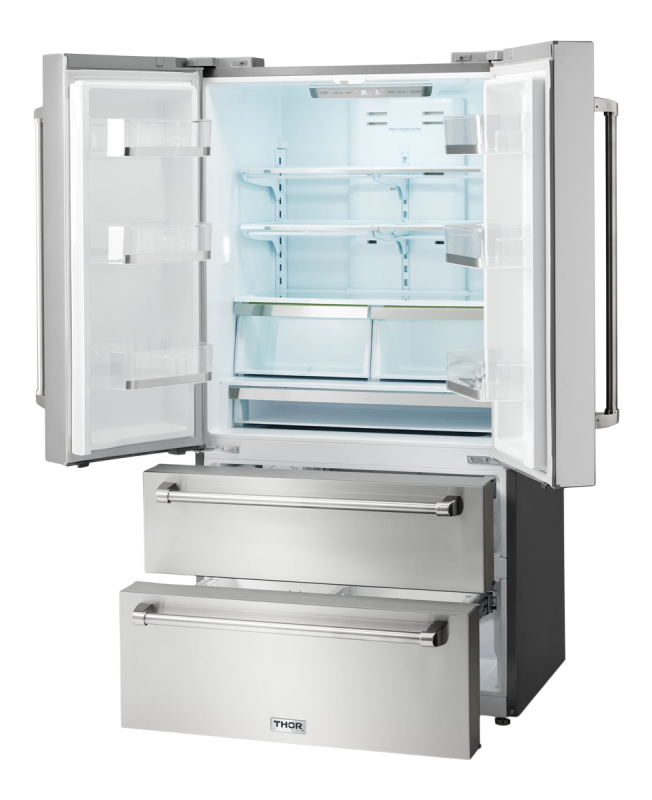 THOR KITCHEN 36 Inch Professional French Door Refrigerator With Freezer Drawers - Stainless Steel (TRF3602)