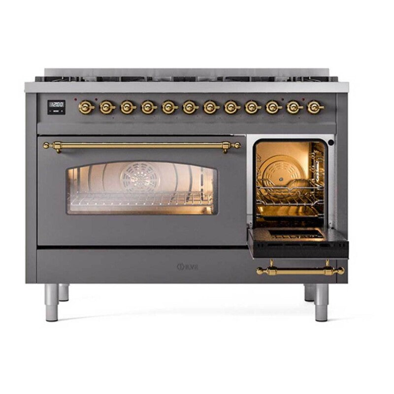 ILVE Nostalgie II 48 inch Dual Fuel Range with 8 Black Sealed Burners, Trim - Graphite Matte (UP488NMPMGG)