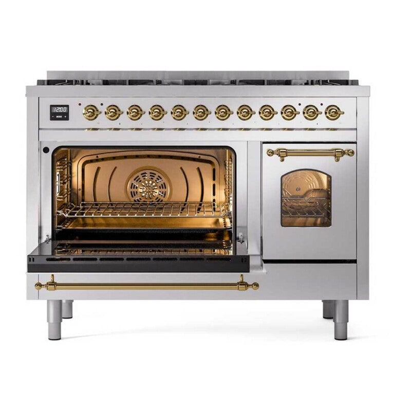 ILVE Nostalgie II 48 inch Dual Fuel Range with 8 Black Sealed Burners, Trim - Stainless Steel (UP488NMPSSG)