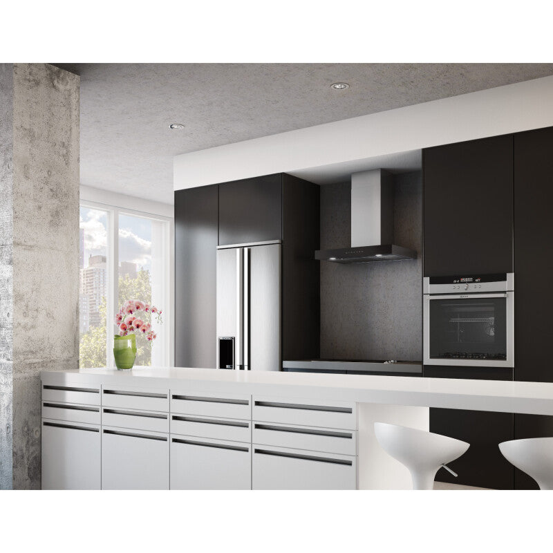 BEST RANGE HOODS 36-INCH 650 MAX BLOWER CFM STAINLESS STEEL CHIMNEY RANGE HOOD WITH PURLED(TM) LIGHT SYSTEM AND BLACK GLASS (WCB3 SERIES) -  (WCB3I36SBB)