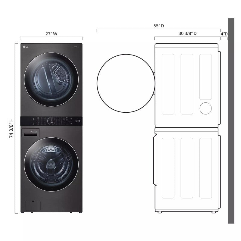 LG Single Unit Front Load LG WashTower™ with Center Control™ 4.5 cu. ft. Washer and 7.4 cu. ft. Gas Dryer - Black (WKGX201HBA)