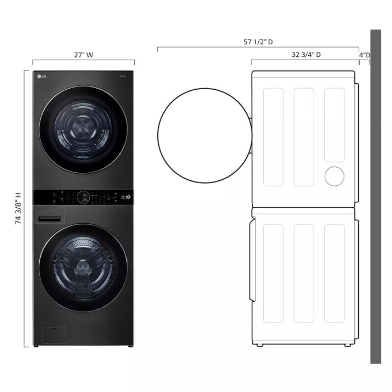 LG Single Unit Washtower™ With Center Control™ 5.0 Cu. Ft. Front Load Washer And 7.8 Cu. Ft. Electric Ventless Heat Pump Dryer - Black Steel (WKHC252HBA)