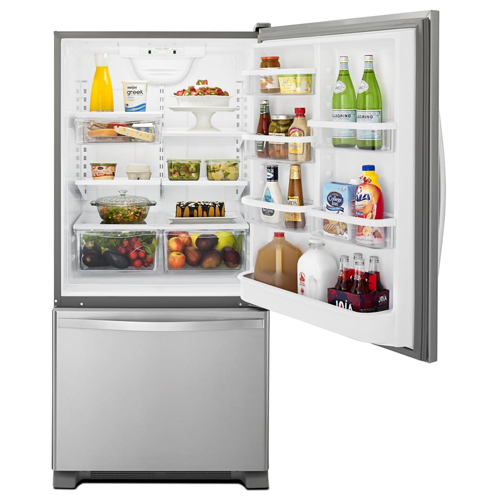 Whirlpool 33-inches wide Bottom-Freezer Refrigerator with SpillGuard™ Glass Shelves - 22 cu. ft - Stainless Steel (WRB322DMBM)