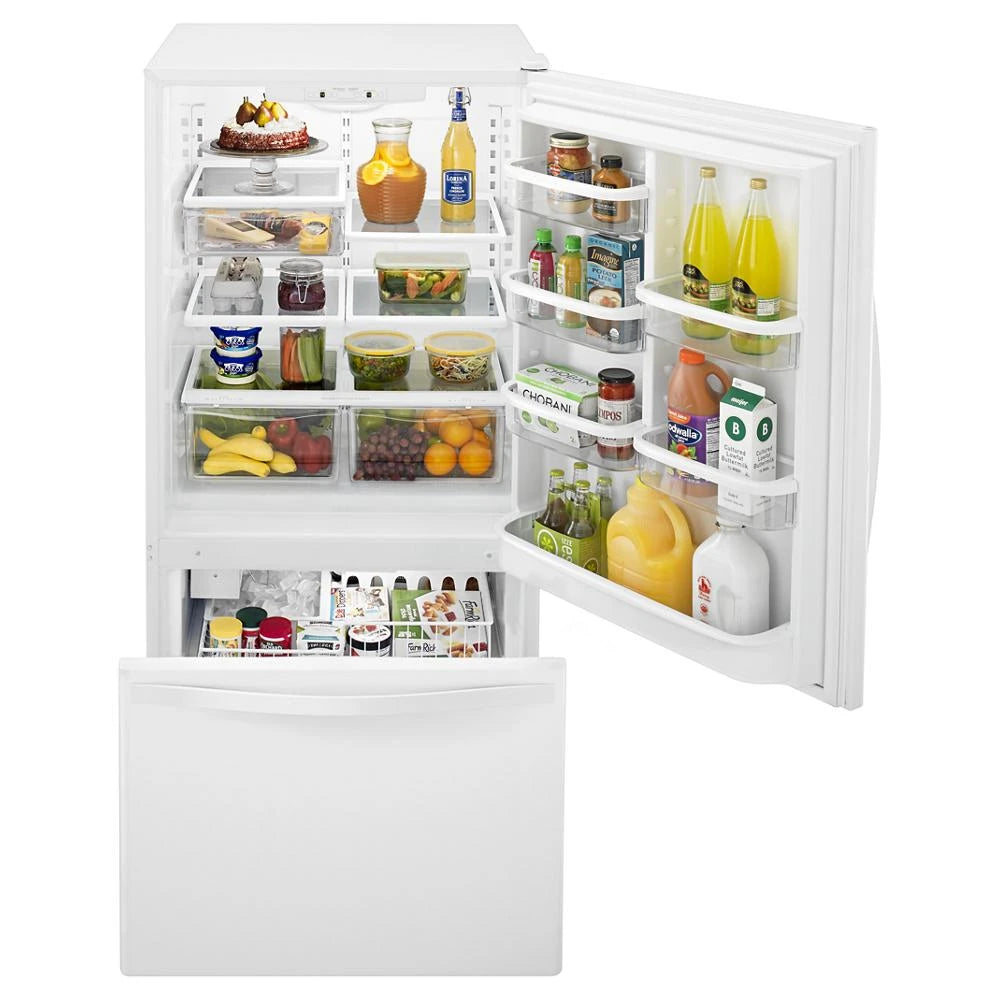 WHIRLPOOL 30-inches wide Bottom-Freezer Refrigerator with SpillGuard™ Glass Shelves - 18.7 cu. ft. - White-on-White (WRB329DMBW)