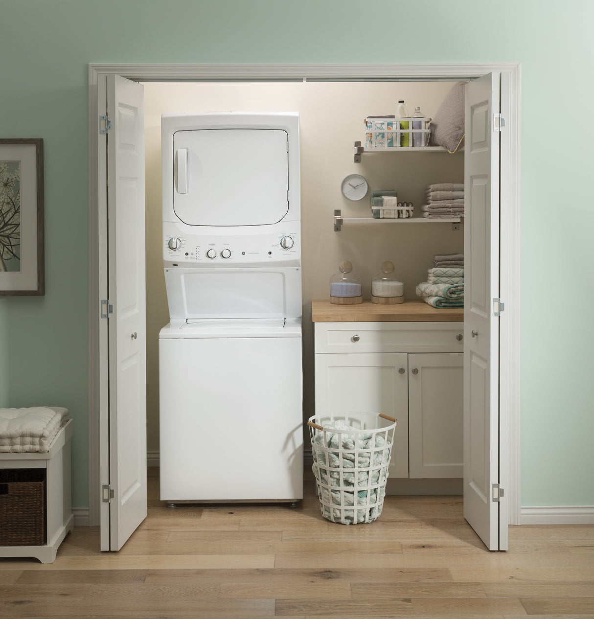 GE APPLIANCES GE Unitized Spacemaker(R) 3.8 cu. ft. Capacity Washer with Stainless Steel Basket and 5.9 cu. ft. Capacity Long Vent Electric Dryer -  (GUV27ESSMWW)