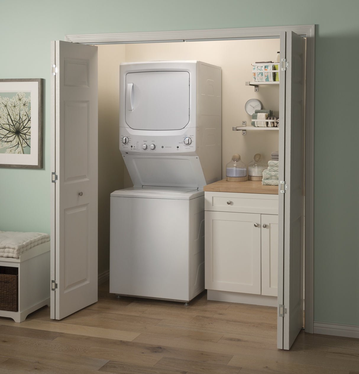 GE APPLIANCES GE Unitized Spacemaker(R) 3.8 cu. ft. Capacity Washer with Stainless Steel Basket and 5.9 cu. ft. Capacity Long Vent Electric Dryer -  (GUV27ESSMWW)
