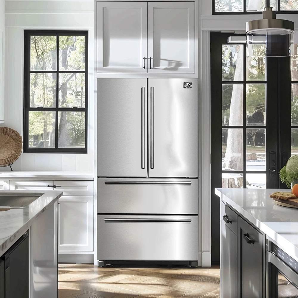 FORNO  Moena 36-Inch French Door Refrigerator, 19.2 cu.ft, Counter Depth, Ice Maker, Stainless Steel Interior Panel, ENERGY STAR Certified - Stainless Steel (FFRBI182036SB)