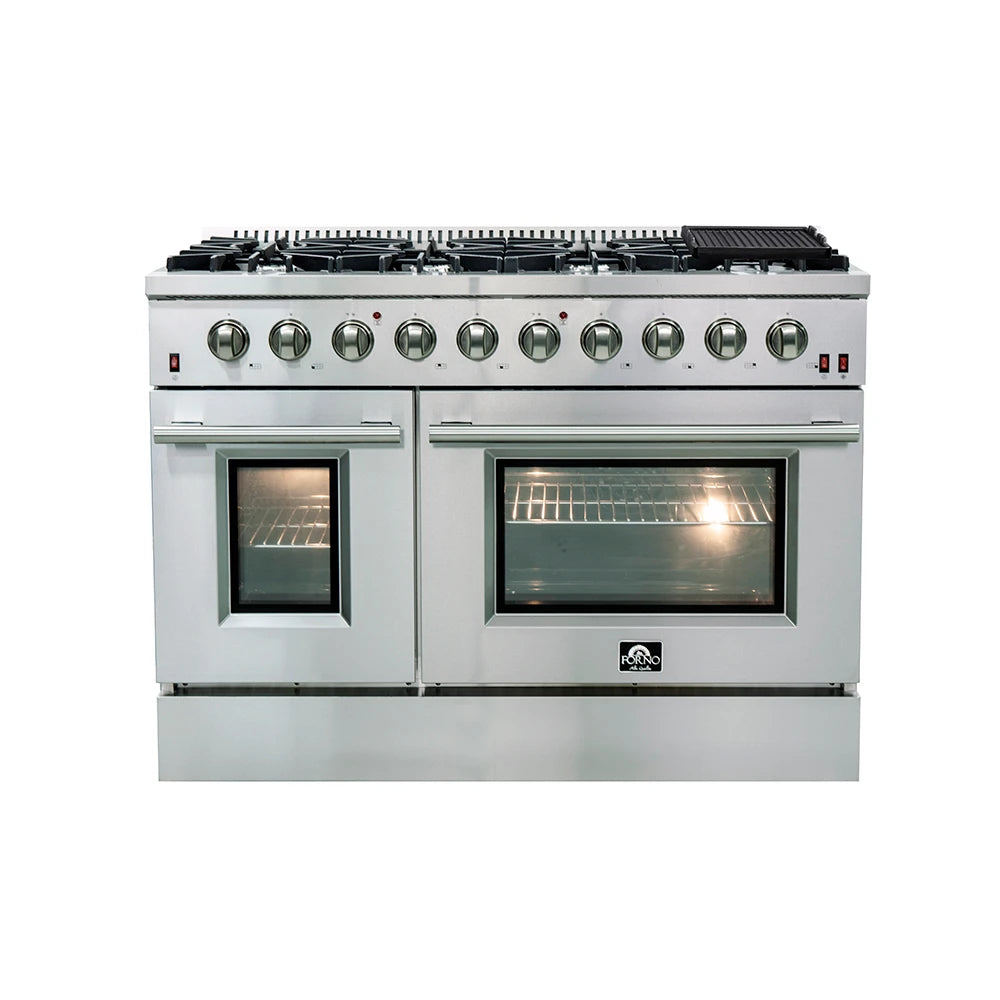 FORNO  Galiano 48-Inch Freestanding Gas Range, Stainless Steel, 8 Burners, 107,000 BTU, Griddle, Double Ovens, Energy Efficient - Stainless Steel (FFSGS624448)