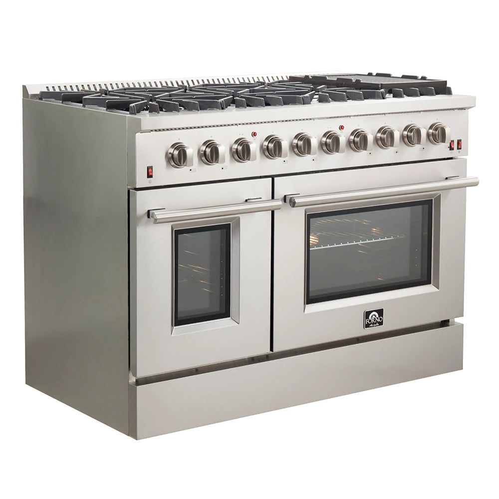 FORNO  Galiano 48-Inch Freestanding Gas Range, Stainless Steel, 8 Burners, 107,000 BTU, Griddle, Double Ovens, Energy Efficient - Stainless Steel (FFSGS624448)