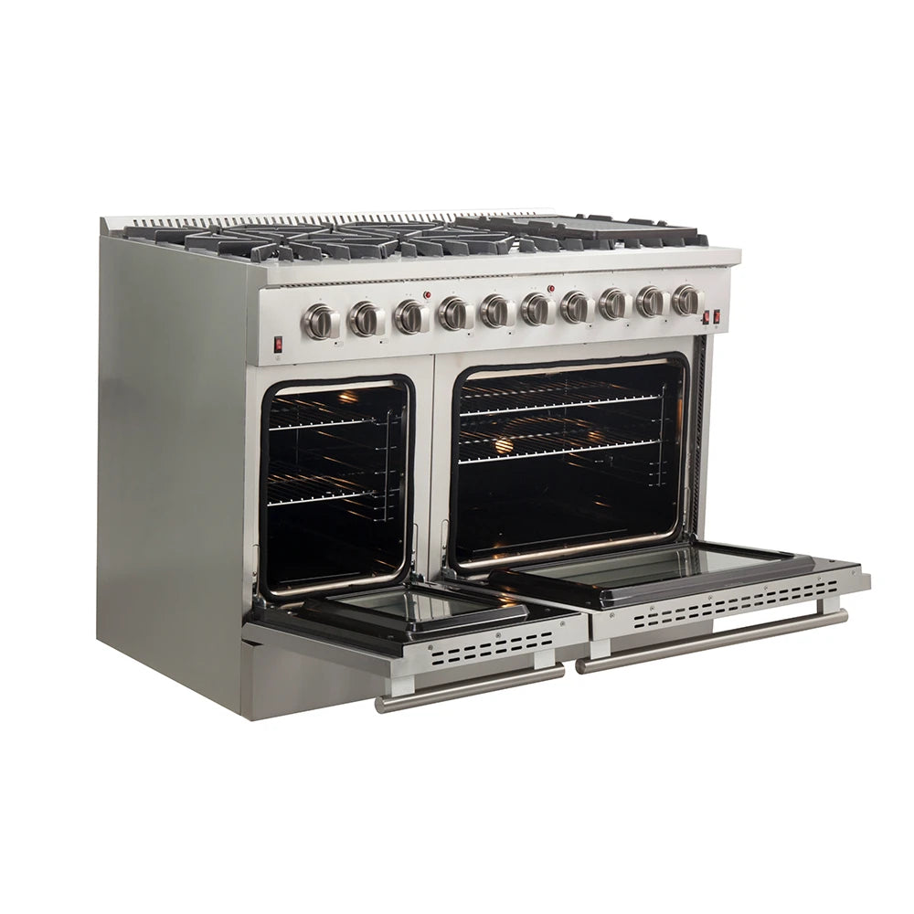 FORNO  Galiano 48-Inch Freestanding Gas Range, Stainless Steel, 8 Burners, 107,000 BTU, Griddle, Double Ovens, Energy Efficient - Stainless Steel (FFSGS624448)