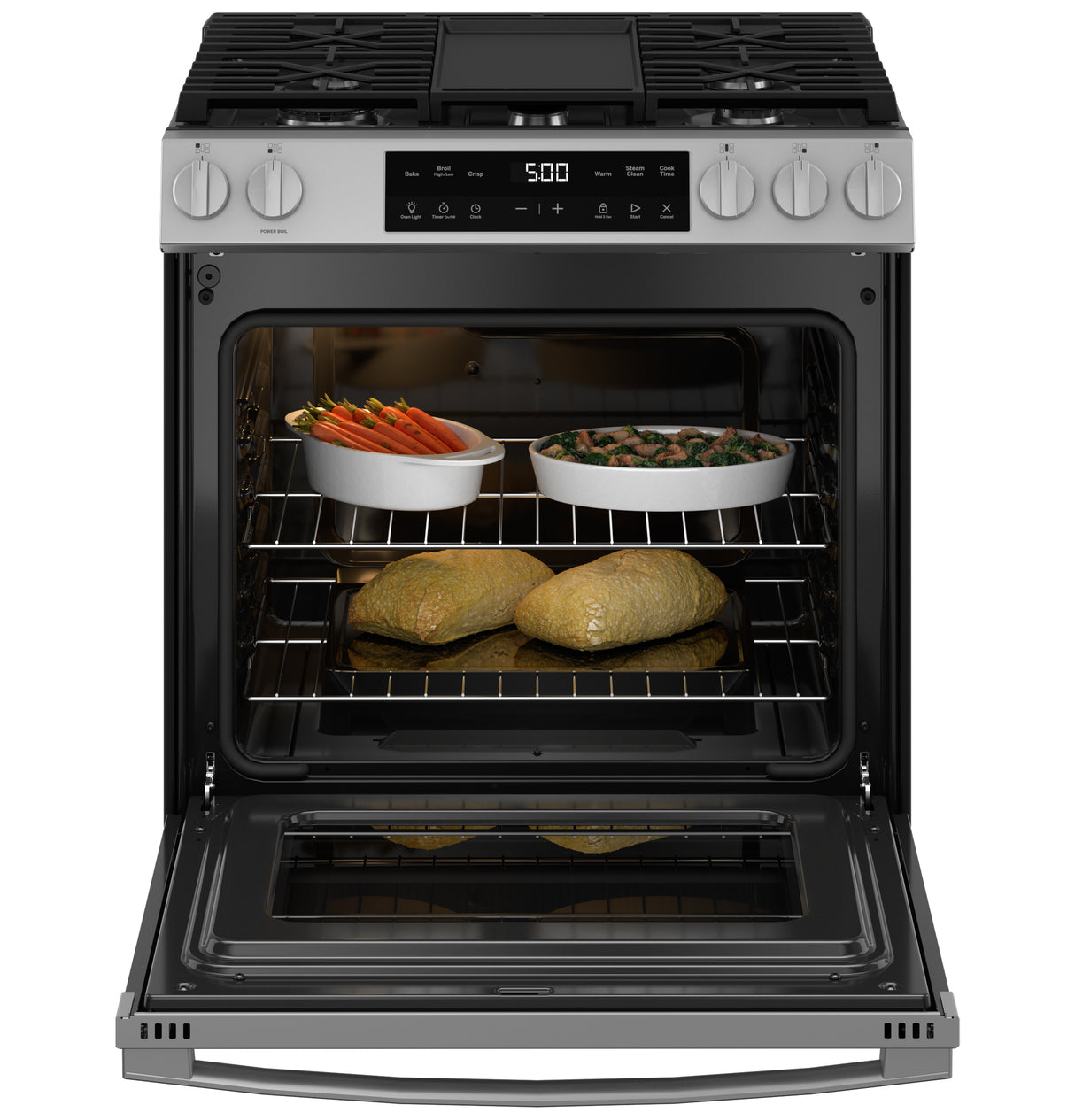 GE  30" Slide-In Front Control Gas Range with Crisp Mode - Stainless Steel (GGS500SVSS)