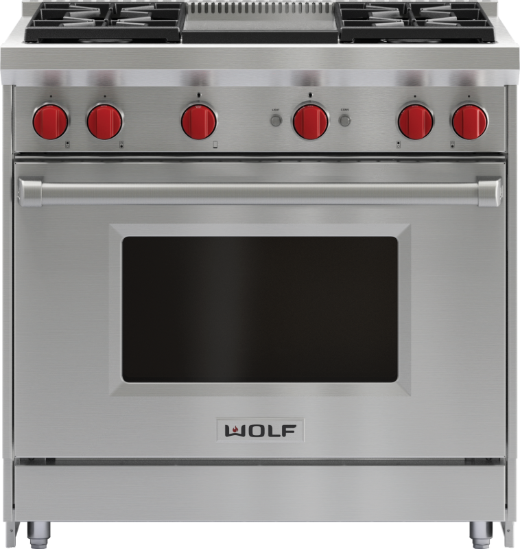 Wolf 36" Gas Range - 4 Burners and Infrared Griddle - Stainless Steel (GR364GLP)