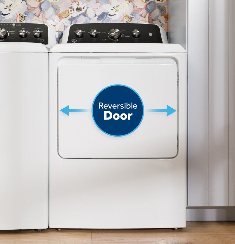 GE  7.2 cu. ft. Capacity Gas Dryer with Up To 120 ft. Venting and Reversible Door - White with Silver Matte Backsplash (GTD38GASWWS)