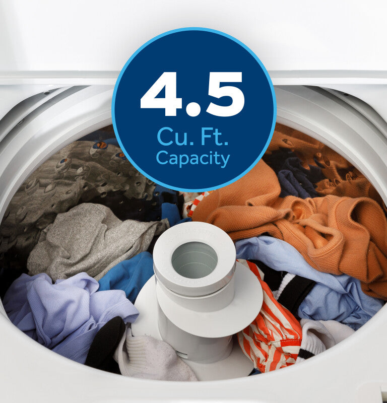 GE  4.5 cu. ft. Capacity Washer with Stainless Steel Basket, Cold Plus and Wash Boost - White w/ Black Matte Backsplash (GTW485ASWWB)