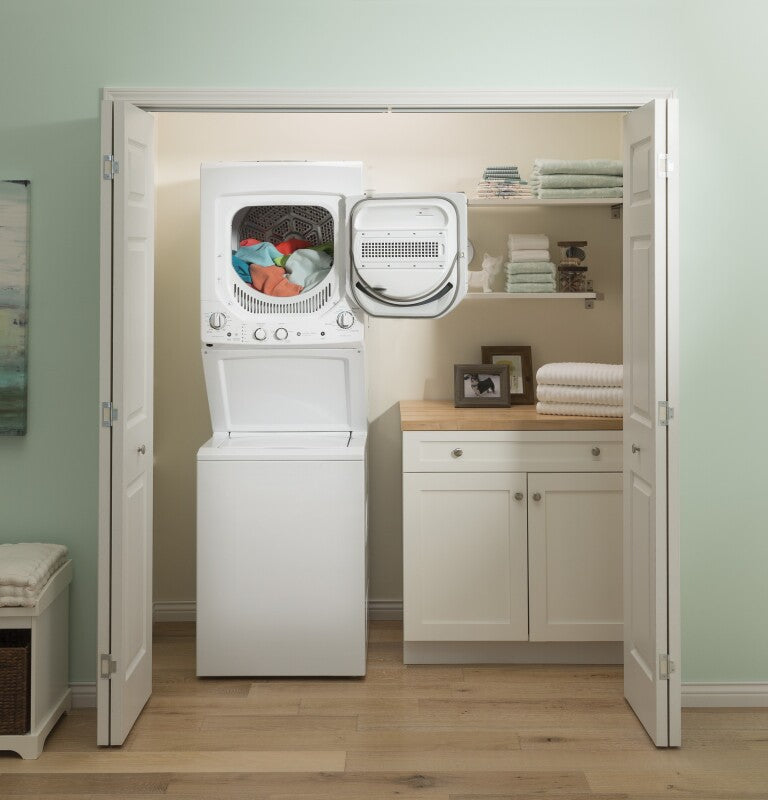 GE  Unitized Spacemaker 2.3 cu. ft. Capacity Washer with Stainless Steel Basket and 4.4 cu. ft. Capacity Gas Dryer - White on White (GUD24GSSMWW)