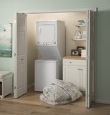 GE  Unitized Spacemaker 2.3 cu. ft. Capacity Washer with Stainless Steel Basket and 4.4 cu. ft. Capacity Gas Dryer - White on White (GUD24GSSMWW)