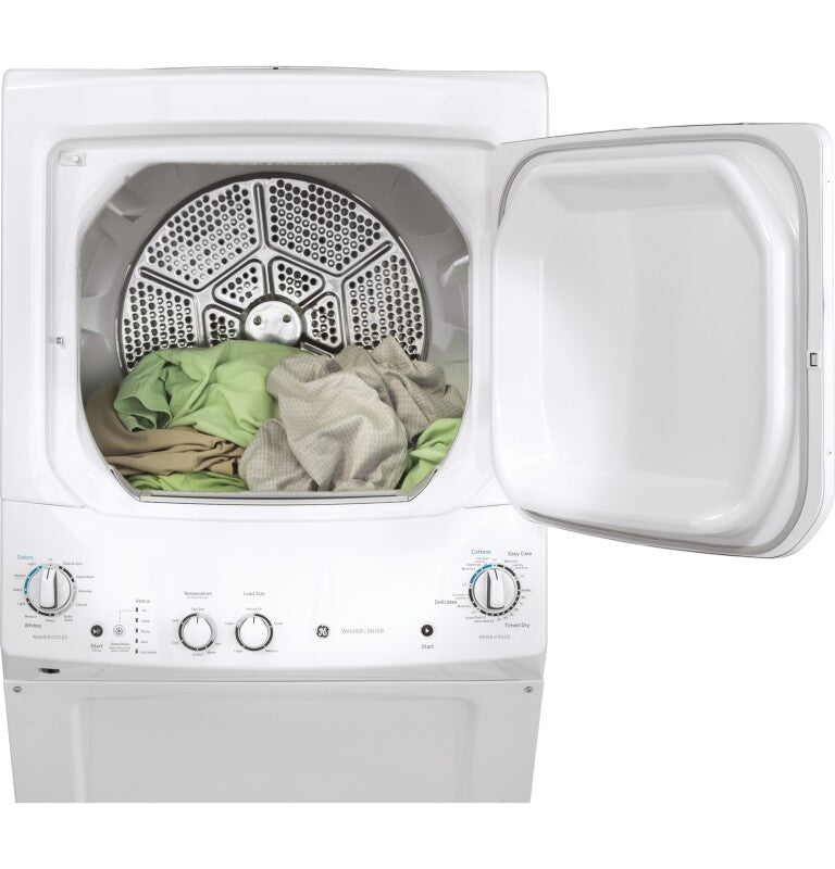 GE  Unitized Spacemaker 3.8 cu. ft. Capacity Washer with Stainless Steel Basket and 5.9 cu. ft. Capacity Gas Dryer - White on White (GUD27GSSMWW)