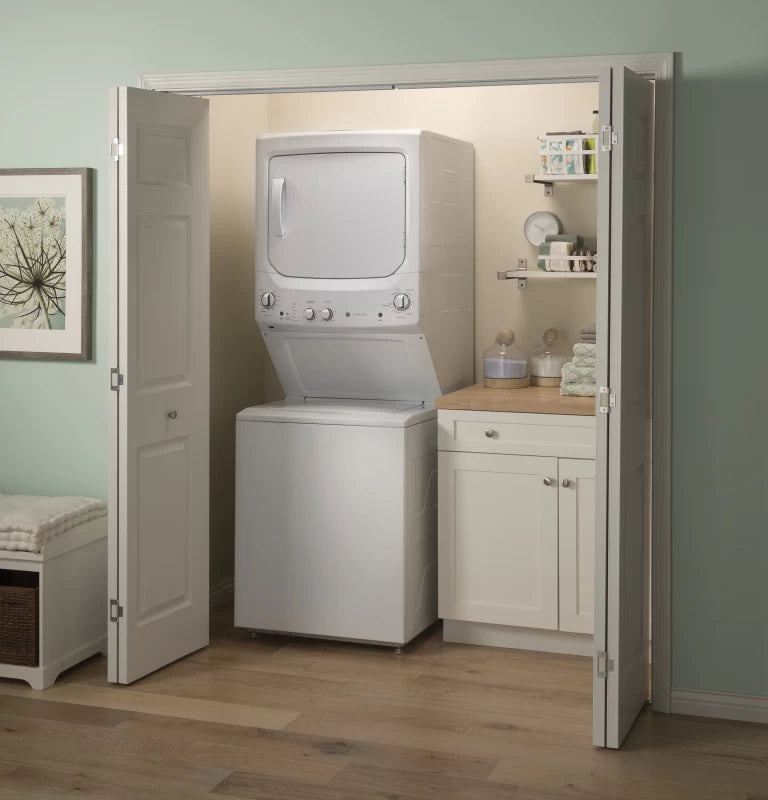 GE Unitized Spacemaker® Laundry Center with Stainless Steel Basket and 5.9 cu. ft. Gas Dryer in White - White (GUD27GSSMWW)